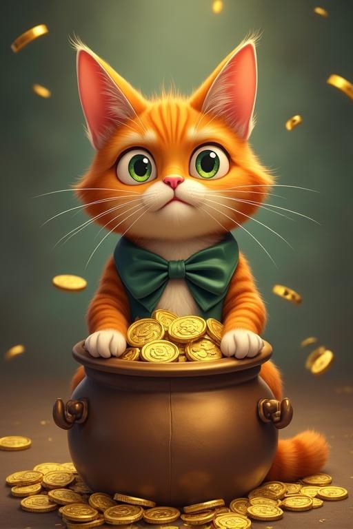 Serious cartoon tabby cat with large expressive eyes. Cat wearing a bow tie and sitting by a pot overflowing with gold coins. Background features floating gold coins for a whimsical effect.
