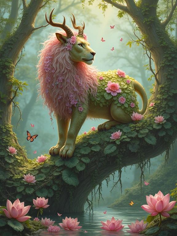 A fantastical creature combining a lion's body adorned with lotus petals. The creature has a goat's head with horns wrapped in wisteria. Its tail resembles flowering vines. It sits amidst trees with unique roots, surrounded by butterflies and pink water pools.