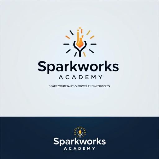 Design a modern and clean wordmark logo for Sparkworks Academy using a sans-serif font. Include a simple icon representing energy such as a spark or lightbulb. The color palette should feature blue, black, and grey. Style must be scalable and minimal. Incorporate the slogan 'Spark Your Sales, Power Your Success.'