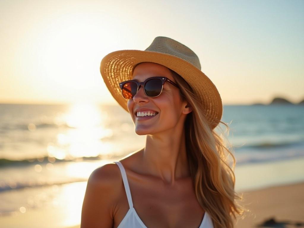 The image features a woman standing on a beach at sunset. She is wearing a straw hat and stylish sunglasses. With a radiant smile, she gazes towards the sun, creating a joyful and warm atmosphere. The ocean can be seen in the background, reflecting the golden light of the sun. This captures a perfect summer moment, embodying relaxation and happiness at the beach.