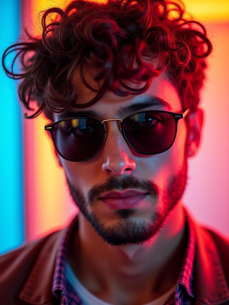 Confident person with curly hair wearing stylish sunglasses. Colorful lights illuminate the image with vibrant red and blue hues. The expression is one of self-assurance, making the person the focal point. A modern and engaging atmosphere is created.