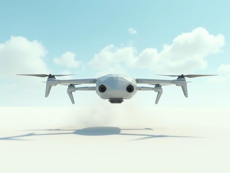 Cinematic small light grey sleek sci-fi military polygonal hover drone in a white desert with dust blowing, under a blue sky with clouds, showcasing realism, fine details, and textures