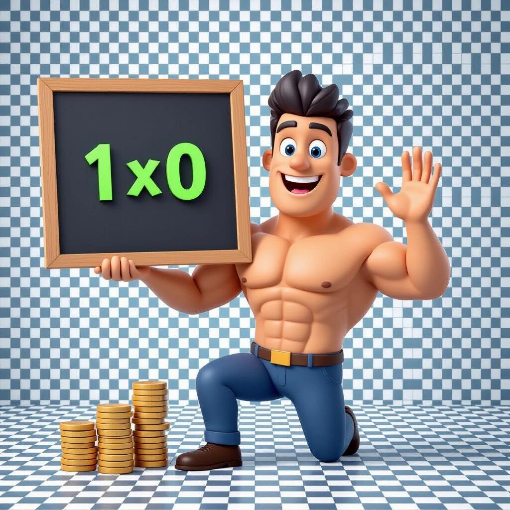 Create a full-body 3D character with a muscular cartoon man. The man holds a large blackboard showing the result 1x0 in big green 3D numbers. One hand gives a thumbs up while he looks happy. Render the image with a transparent background and detailed physical features. Set in a bright and engaging environment with stacks of coins in the foreground.