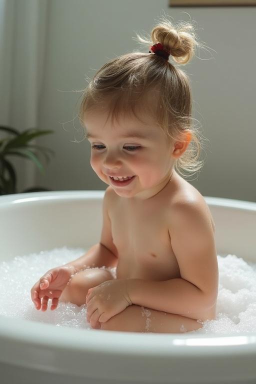 A small child enjoys a bubble bath. The scene is peaceful and joyful. Water reflects soft light. The child is seated in a white bathtub filled with foam. A natural setting with green plants in the background.