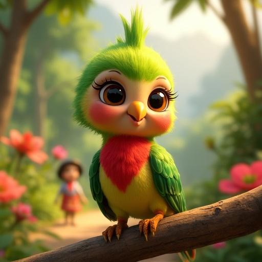 A super cute baby female quetzal bird in detailed 3D. She has big shiny eyes and soft green feathers. Her chest is bright red. The quetzal has a rounded beak and a joyful expression. Blushing cheeks appear on her face. Delicate feathers are around her face. She wears a colorful Guatemalan dress inspired by Mayan culture with a simple sash. The bird is perched on a low tree branch, tilting her head and smiling. The background shows a lush tropical forest with colorful flowers. Sunlight filters through trees and traditional dressed people walk in the distance. The mood is cheerful and festive with Pixar-style charm and soft lighting.