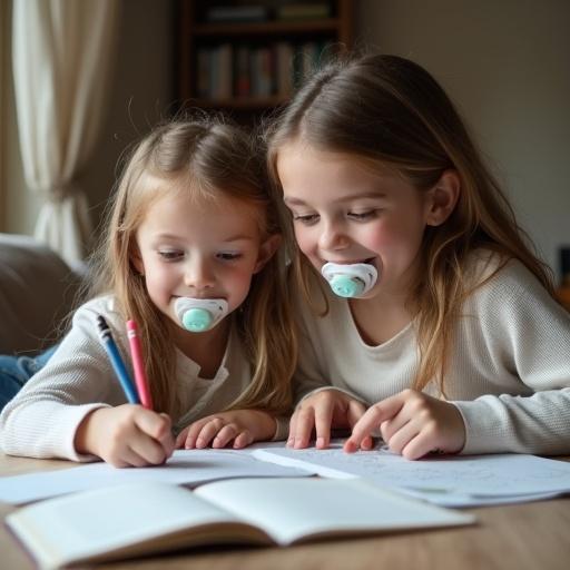 Mother and daughter work on homework. They smile and engage in the task together. Room has a warm and cozy atmosphere. Natural light fills the space. Both enjoy this bonding activity.