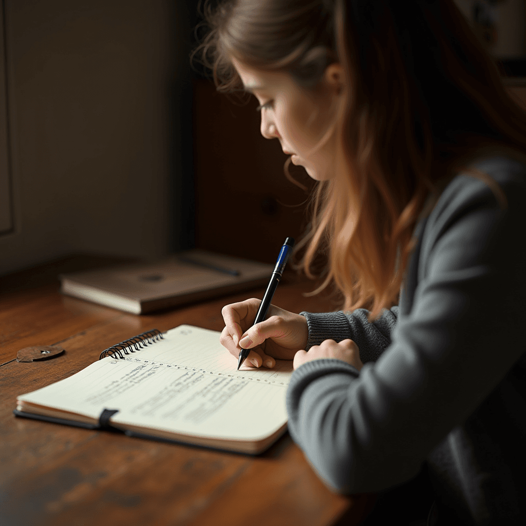 A person is focused on writing in a notebook at a wooden desk, with soft natural light from a window illuminating the scene.