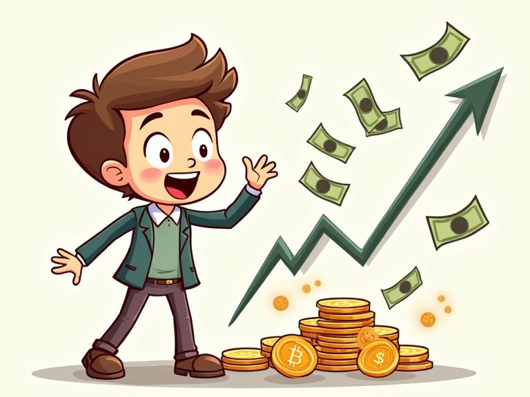 Cartoon character happily celebrating financial success from cryptocurrency trading. Coins and dollar bills are flying around. An increasing candlestick chart is in the background.