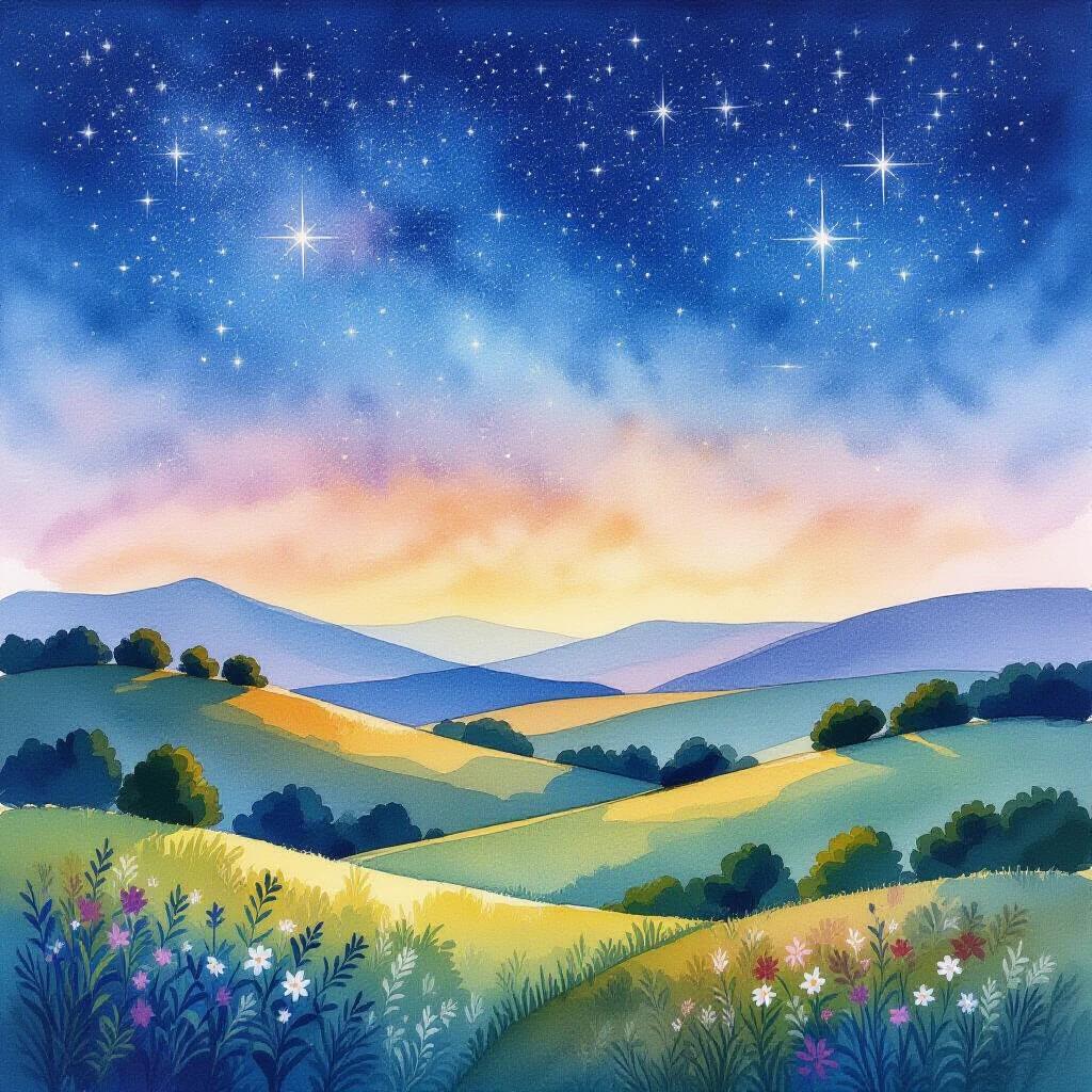 Watercolor painting of a serene landscape. Rolling hills are illustrated under a starry night sky. The scene includes a psychedelic style with vibrant colors. Flowers adorn the foreground. Hills extend into the background. Night sky is filled with stars and a gradient from purple to yellow.