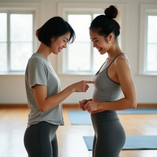 Two young Asian women engaged in a fitness routine in a bright yoga studio. One woman acts as an instructor, wearing a light gray t-shirt and dark leggings, bent slightly forward, pointing at the other woman's stomach. The student smiles, demonstrating good posture in matching athletic wear. The studio features wooden floors and exercise mats, emphasizing a professional yet approachable atmosphere.