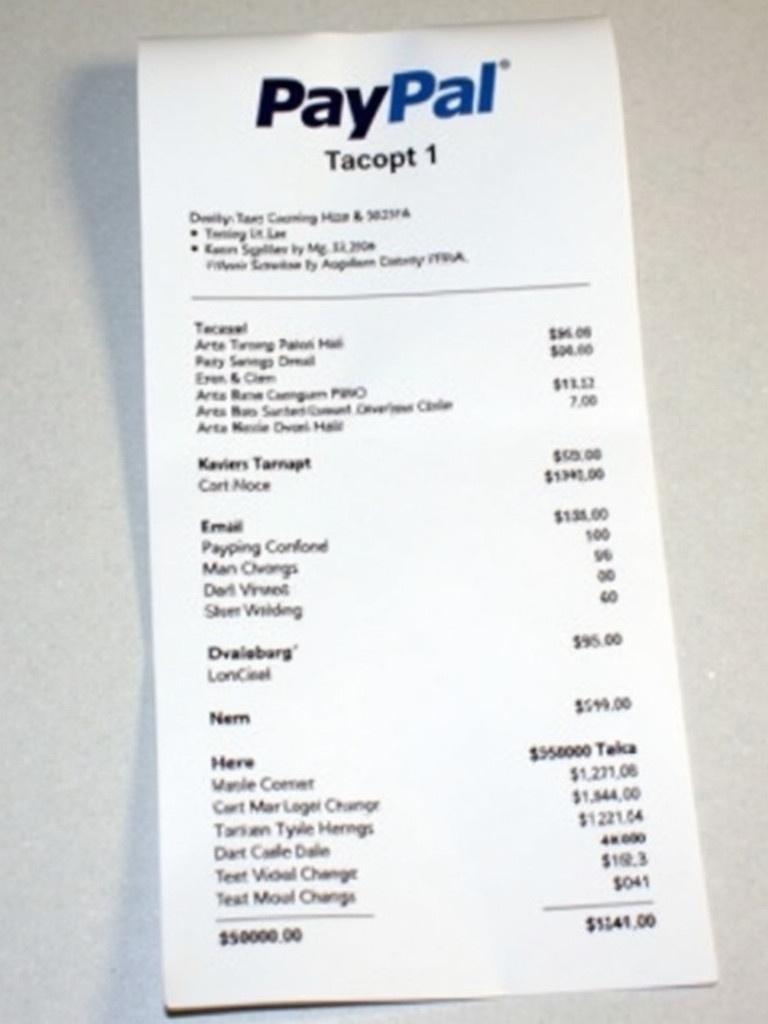 Receipt displays payment information. PayPal branding is highlighted. Email addresses listed with transaction amounts.