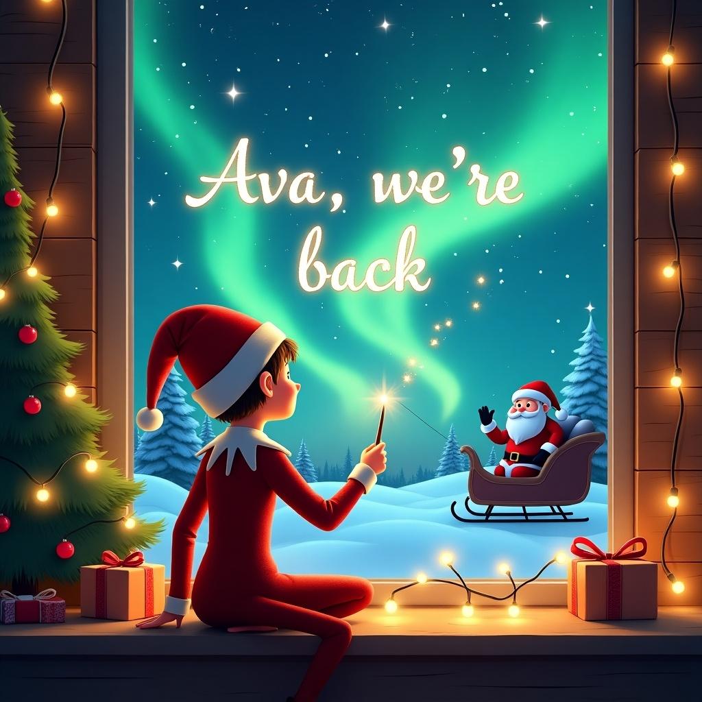 The image depicts an enchanting Christmas scene featuring an elf on the shelf. The elf is sitting by a window, facing the bright northern lights outside. With his back to the viewer, he is using a magic wand to write 'Ava, we're back' in the sparkling sky. In the background, Santa is also visible, adding to the festive ambience with his sleigh and gifts. The warm glow of fairy lights enhances the magical atmosphere, making it a perfect illustration for holiday cheer.