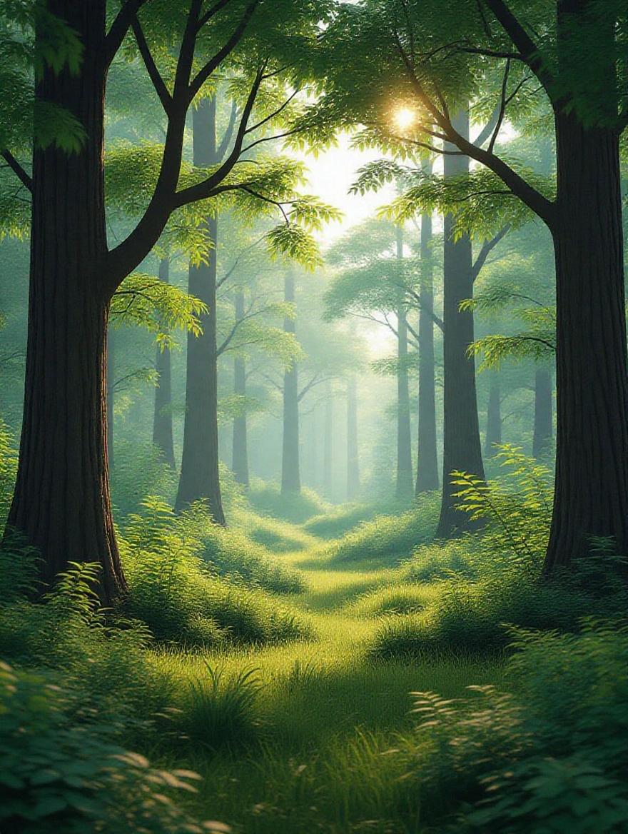 3D rendering of a serene forest scene. Emphasis on Nature's Sanctuary theme. Highlight calming and healing power of forest beauty. Include lush greenery. Show soft diffused sunlight filtering through trees. Mood is peaceful and inviting. Suitable as high-quality background.