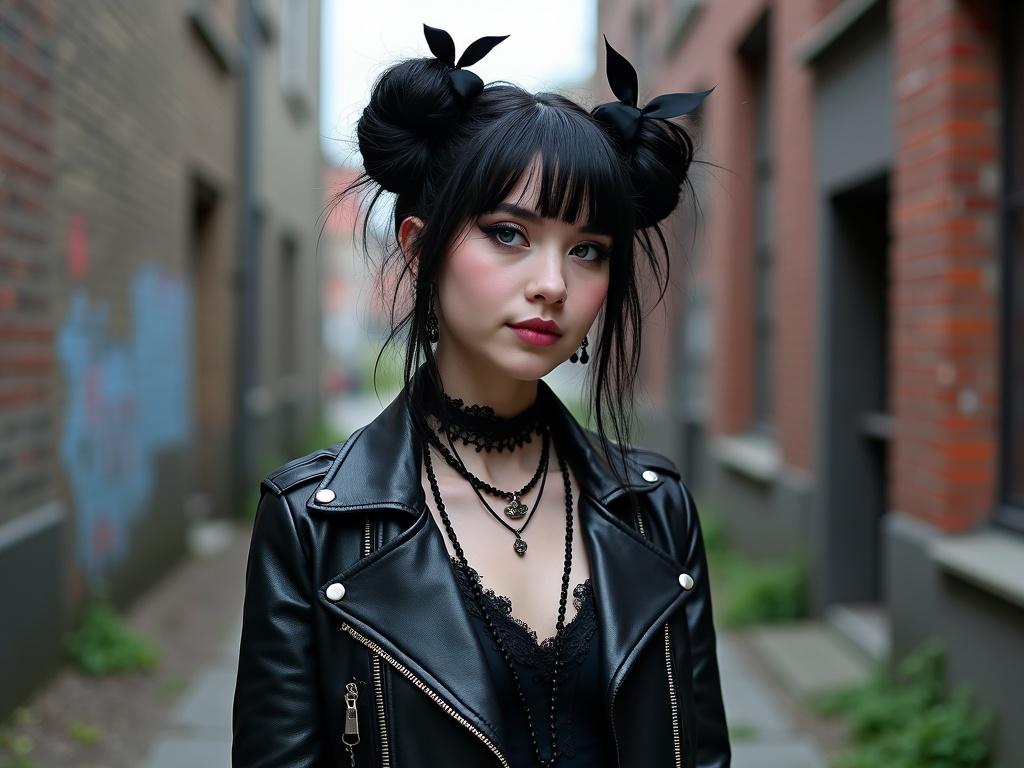 Portrait of a goth punk woman with blue eyes. Loose buns tied with black ribbons. Standing in an alleyway. Dressed in a black leather studded biker jacket. Knee-high lace dress. Cool punk rings on hands.