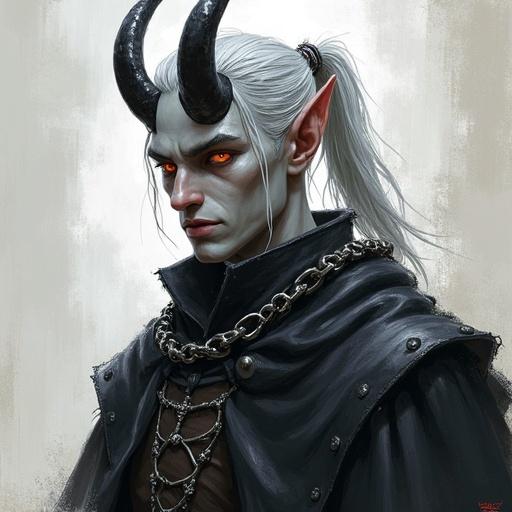 Tall male tiefling with ash-gray skin and amber eyes. Silver hair tied in a high ponytail and black horns. Wears chainmail and a cloak. Created in digital oil painting style. Features rough expressive brush strokes and textured surfaces with thick ink outlines. Character exhibits comic realism and gritty highlights. High-contrast lighting with dramatic expression. Matte rendering with a hand-painted look. Soft shadows with highlights and ultra-detailed finish.