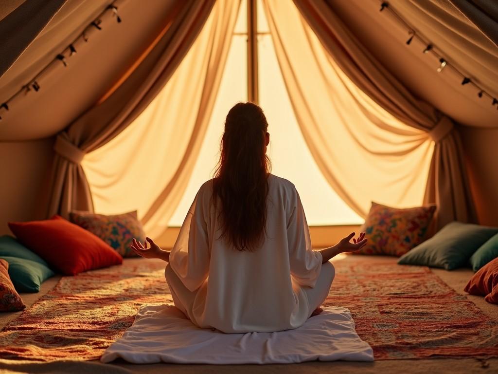 A serene scene unfolds in a luxurious bohemian styled tent, where a person dressed in a white robe sits cross-legged, deep in meditation. The warm glow of sunset filters through the canvas, casting a peaceful light across the interior. Colorful cushions and rugs create a cozy atmosphere, inviting tranquility. This setting is perfect for a mindfulness practice, providing a sense of peace and retreat from the outside world. It embodies the essence of luxury camping, blending comfort with spirituality.