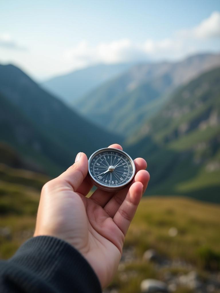 A hand holds a compass. The background features scenic mountains. The image captures a sense of adventure and navigation in nature.