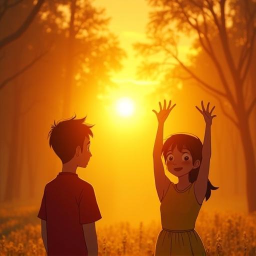 A radiant 4K ultra-HD 3D scene of a golden sunrise over the forest. Tapu in a red shirt and Mita in a yellow dress stand outside a fort. They are both illuminated by warm sunlight. The forest glows vividly.