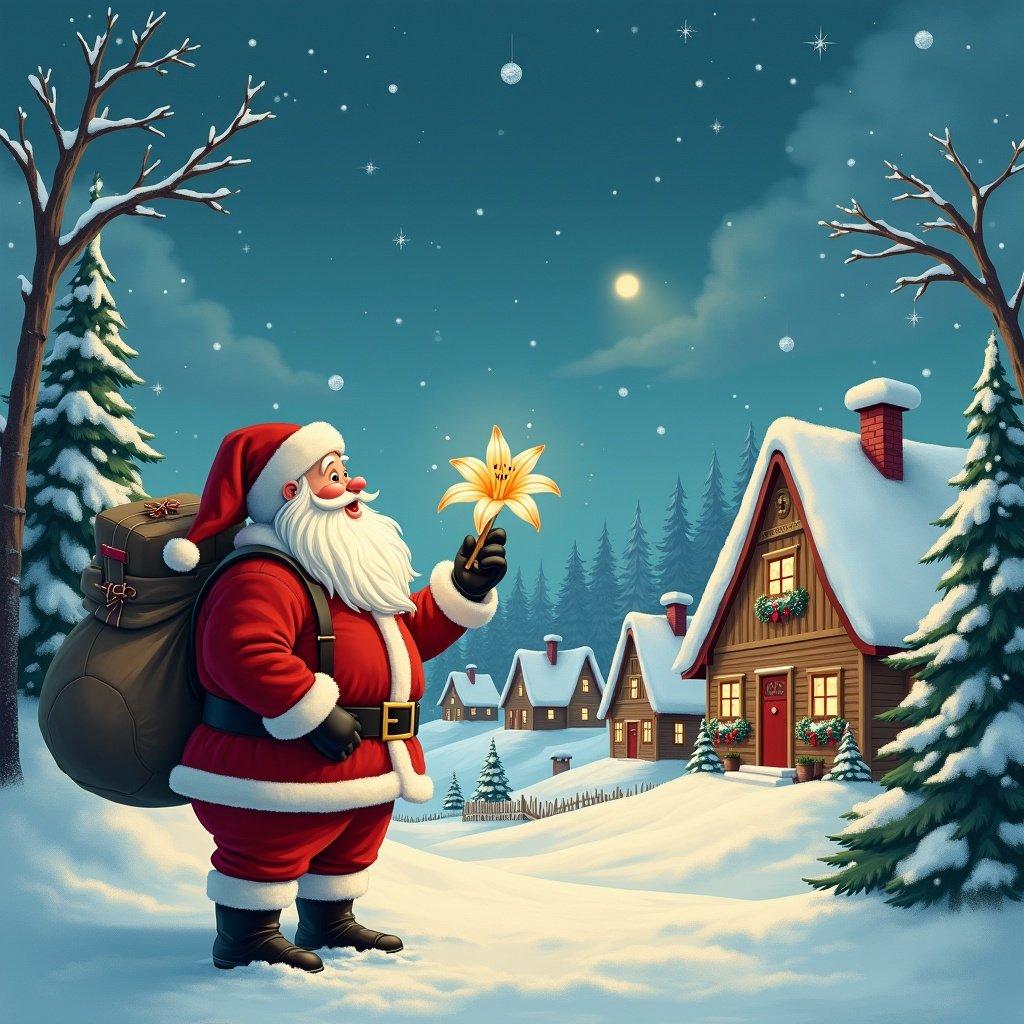 Santa stands in a snowy village holding a lily. He is surrounded by trees and cozy houses. The scene captures the holiday spirit with a peaceful night sky.