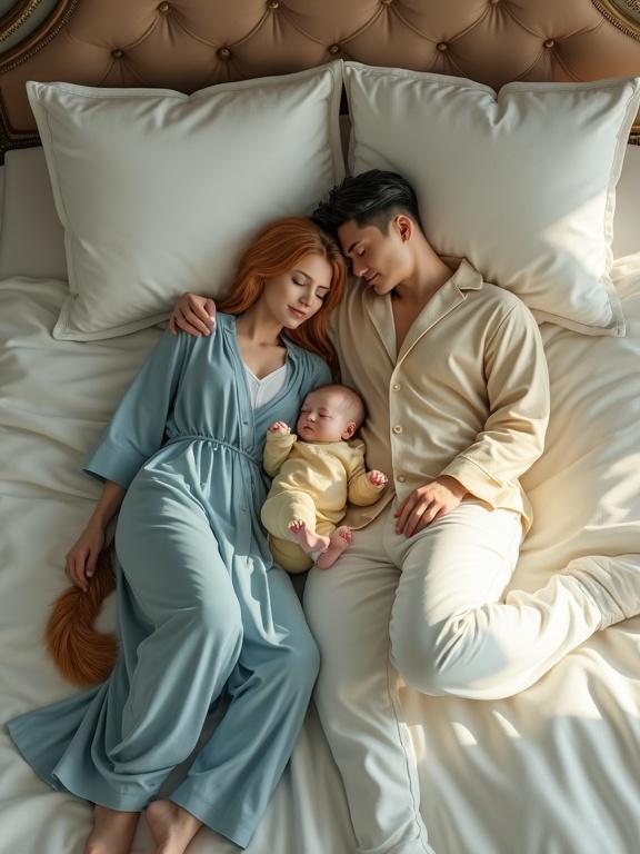 A top-down view of a family lying on a bed. An adult humanoid cat with elegant fur is wearing a blue robe lying back. Beside her is an adult male humanoid cat in pajamas. A sleeping human baby is nestled between them. The bed has crisp white sheets and plush pillows. The background shows elegant bedroom decor with soft morning light streaming in.