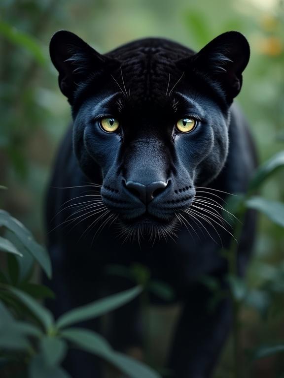 Photorealistic portrait of a black panther hybrid in the Amazon jungle. Panther is crouching, muscles tense, bright eyes focused on prey. Fur is detailed with bluish highlights, muddy paws, still tail like a whip. Environment has fog and light rays through leaves, cinematic style, 8K resolution, extreme realism.