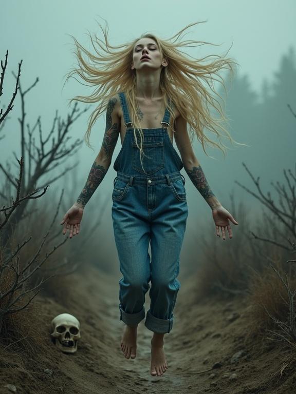 A dark horror photo depicts a pale Scottish woman with colorful tattoos. She wears an oversized denim jumpsuit and floats in the air. Her blond dreadlocks rise as if in water. Facial expression is captivating, eyes closed. Hands and forearms are slightly bent, creating a trance-like effect. Surrounding dry thorny branches, cracked earth, and an old skull. The lighting is dramatic with a vintage texture. Fog and storm clouds in the background, creating a cinematic feel.