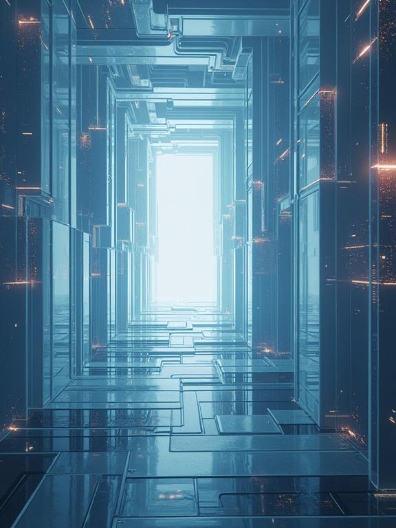 Cubist styling in a transparent digital void. The scene features a long corridor illuminated by blue and cyan lights. Walls are sleek and reflective. An openness at the end suggests infinite space.
