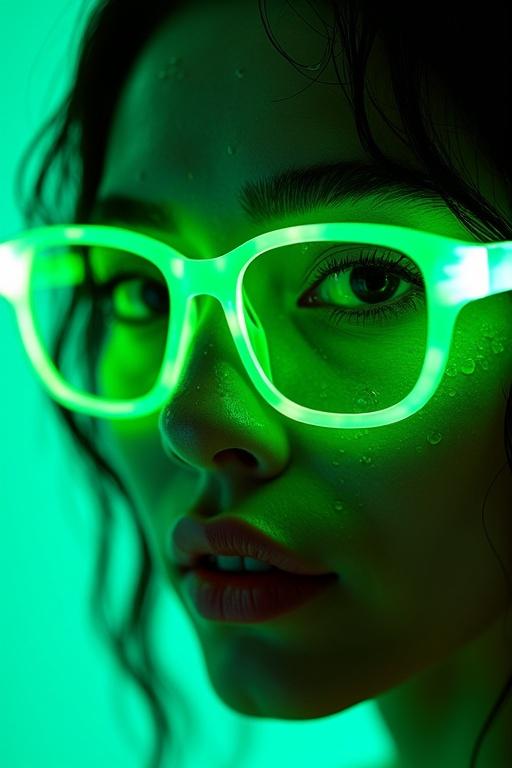 Close-up portrait of a woman with wet skin. She wears glowing green glasses. The photo has low-light conditions and a neon green glow. Captured with a Sony A7R IV camera. A 50mm f1.4 lens is used. Aperture is set to f1.4 for a shallow depth of field. The background is blurred to highlight the subject. Shutter speed is 1/200 for sharpness. White balance enhances cool tones and complements neon glow. Reflections add depth and emphasize features.