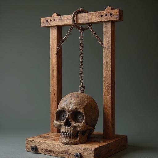Wooden pillory resembling a ham radio antenna. Skull positioned at the center. Background is neutral to highlight the focal point. Chaing hanging adds a somber tone.