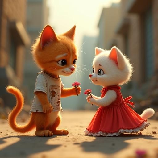 A little orange cat with big sad eyes wears a torn white t-shirt. The cat stands nervously near a garbage dump in a dusty alley. The cat holds a small flower, proposing shyly to a white fluffy puppy. The puppy is in a beautiful red dress with frills and a red flower on her head. She looks surprised and slightly blushing. The lighting is soft and warm with Pixar style. The composition is cinematic with emotional expressions.