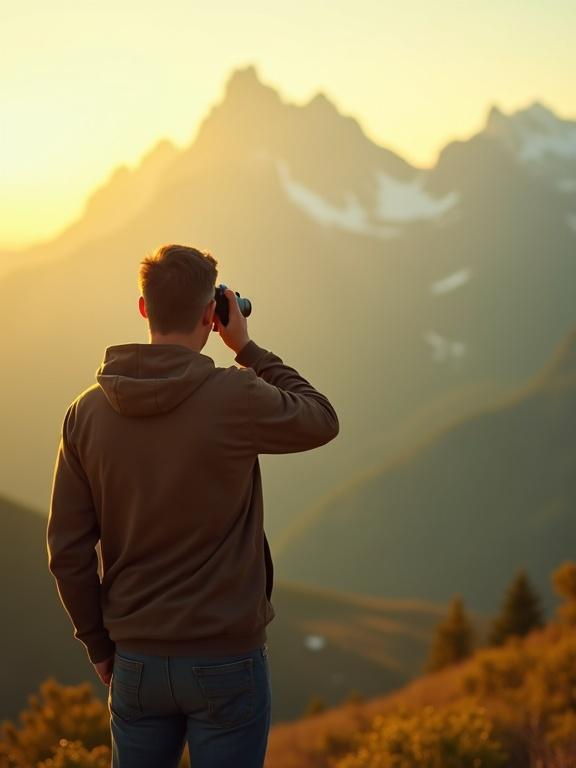 Photorealistic image of a man looking at a wonderful landscape with binoculars. Stylistic blur effect. Landscape is beautiful. Shot taken close from behind the man. Man is blurred. Yellow tint applied.