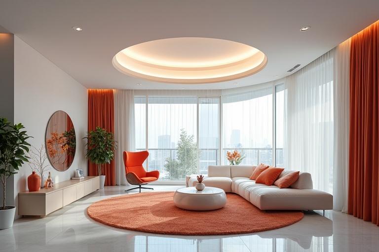 Photo of a modern living room with orange and white colors. Features a round coffee table, white sectional sofa, circular ceiling light, and large windows. Bright and airy atmosphere with plants and decorative items.