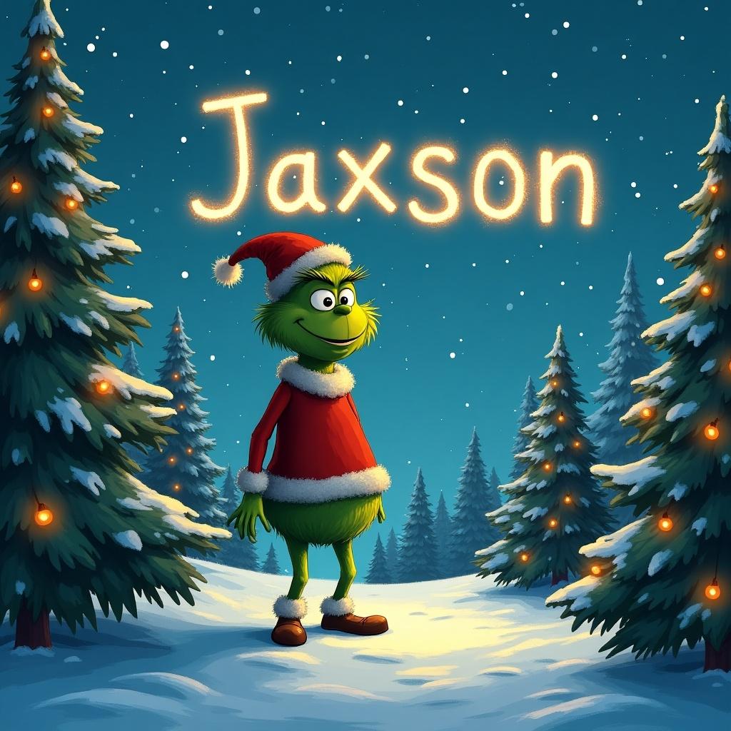 The Grinch stands in the snow. Christmas trees surround the Grinch. Trees have lights. The Grinch writes Jaxson in the sky.