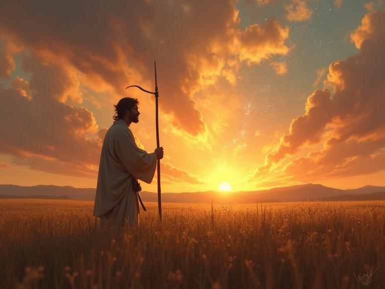 Depiction of a shepherd figure in a field with a staff at sunset. Warm tones used throughout the image. Ideal for spiritual or inspirational themes.