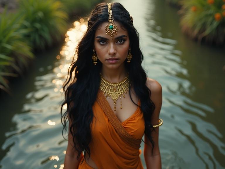 Aerial long shot showing a young Indian woman standing in a serene river. She has long black wavy hair and a determined gaze. Wearing traditional golden-orange attire with elaborate jewelry. Surrounded by nature during golden hour light. Epic fantasy aesthetic with shallow depth of field.