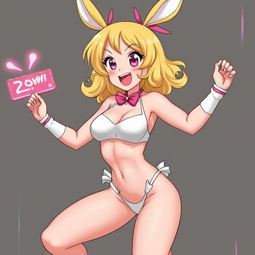 Anime character with bunny ears. Bright colors and cheerful expression. Holding a sign. Wearing a unique outfit. Playful pose. Featuring stylized hair. Eye-catching design.