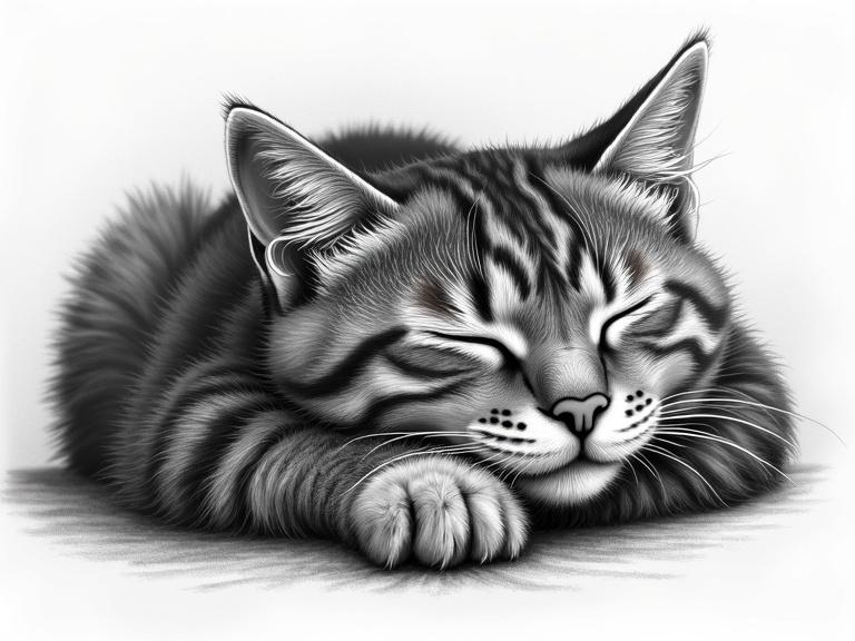 Detailed scratchy drawing of a sleeping cat. Artwork features dark silver and light black colors with wet-on-wet blending technique.