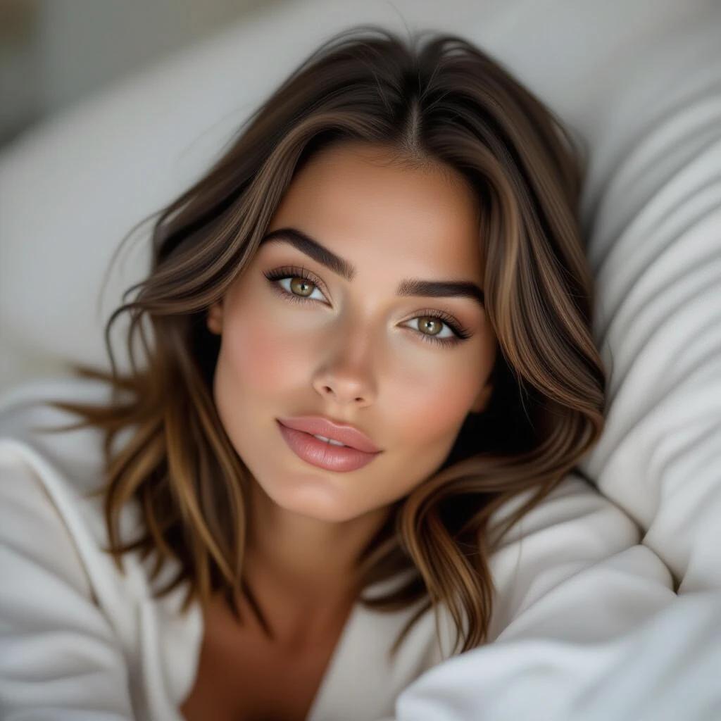 Close-up portrait of a woman with shoulder-length brown hair and brown almond-shaped eyes. Features include full eyelashes and defined chin. She wears light pajamas and lies on a bed. The image captures her relaxed and sensual gaze toward the camera with a natural skin tone.