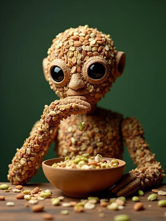 Image features a humanoid made of edible nuts. Figure has human-like eyes. It sits at a rustic wooden table. It picks pieces from a wooden bowl. The bowl contains granola. The scene is lit with soft green light. A cozy and pleasant atmosphere is created around.