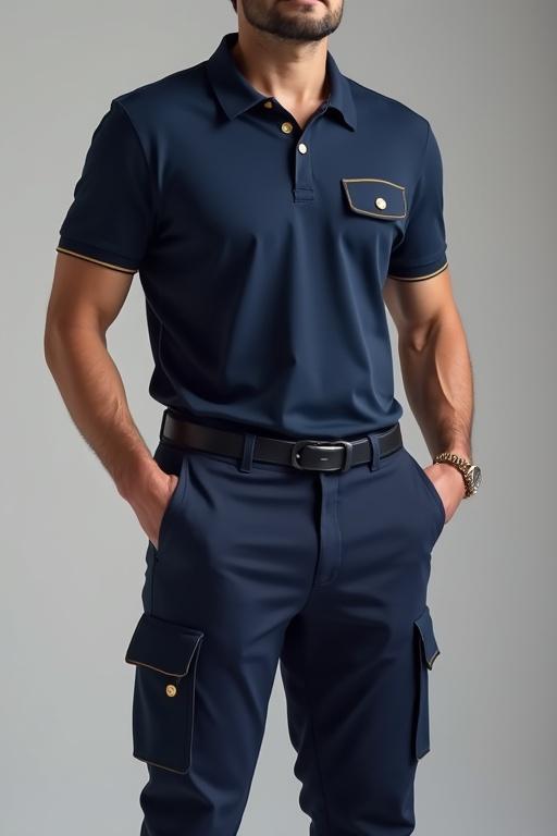 Full body image of a man in a dark blue polo shirt. Features a gold accent pocket. Wears matching dark blue cargo pants. Designed for luxury hotel staff representation.