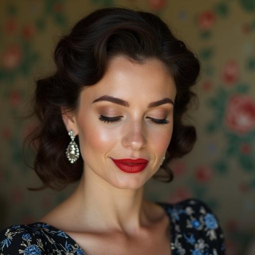 Portrait of a beautiful housewife with face wrinkles. She has chubby cheeks and makeup visible. Long eyelashes and a vintage hairstyle from the 1950s. Big red lips and a tiny nose. Wearing a floral black and blue dress. The woman has her eyes closed and is slightly smiling. Long diamond earrings adorn her ears. Floral wallpaper serves as the background.