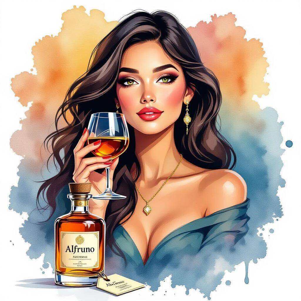 Stylized illustration featuring woman with long dark hair holding glass of amber liqueur. Expression is serene. She wears earrings and a necklace. Background has watercolor splashes in orange and blue. Below, an apothecary-style bottle labeled 'Alfruno' is displayed. The bottle has a cork cap and an elegant hang tag. Two filled glasses are flanking the bottle. Decorative elements include roses and foliage. Above there is text 'Genuss aus dem Garten der Natur' in warm red.