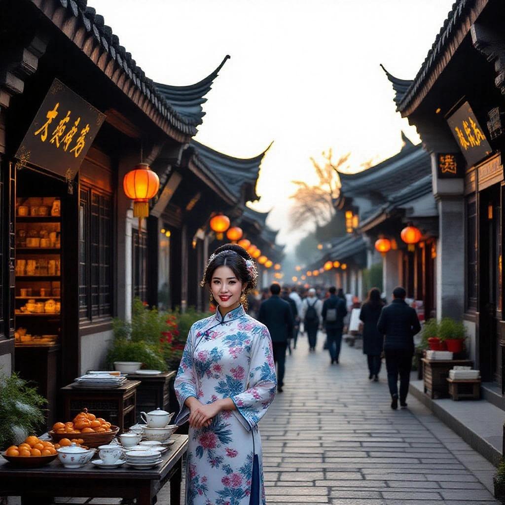 Image captured at sunrise in ancient Chinese setting. Traditional buildings with dark roofs and aged walls are along the street. A woman dressed in traditional attire smiles at the camera at her tea and food shop. People are seen in her shop.