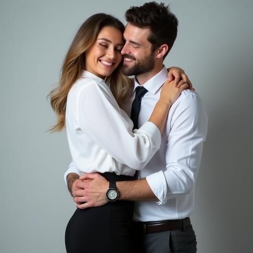 A romantic moment between a beautiful woman wearing a white shirt and black skirt and a handsome professional man. The couple smiles at each other while embracing.