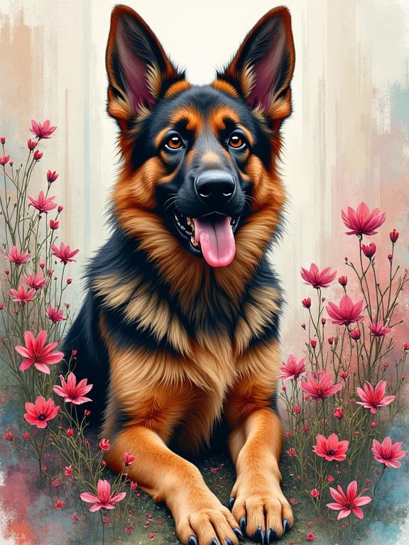 German shepherd puppy sitting among colorful flowers in a vibrant setting. High definition and intricately detailed illustration in watercolor.