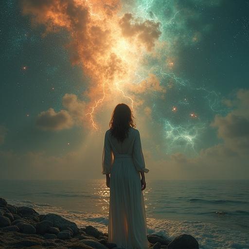 A woman stands at the edge of the ocean gazing at a vibrant cosmic explosion in the sky. Surreal elements blend with natural scenery. A sense of contemplation and wonder fills the atmosphere.
