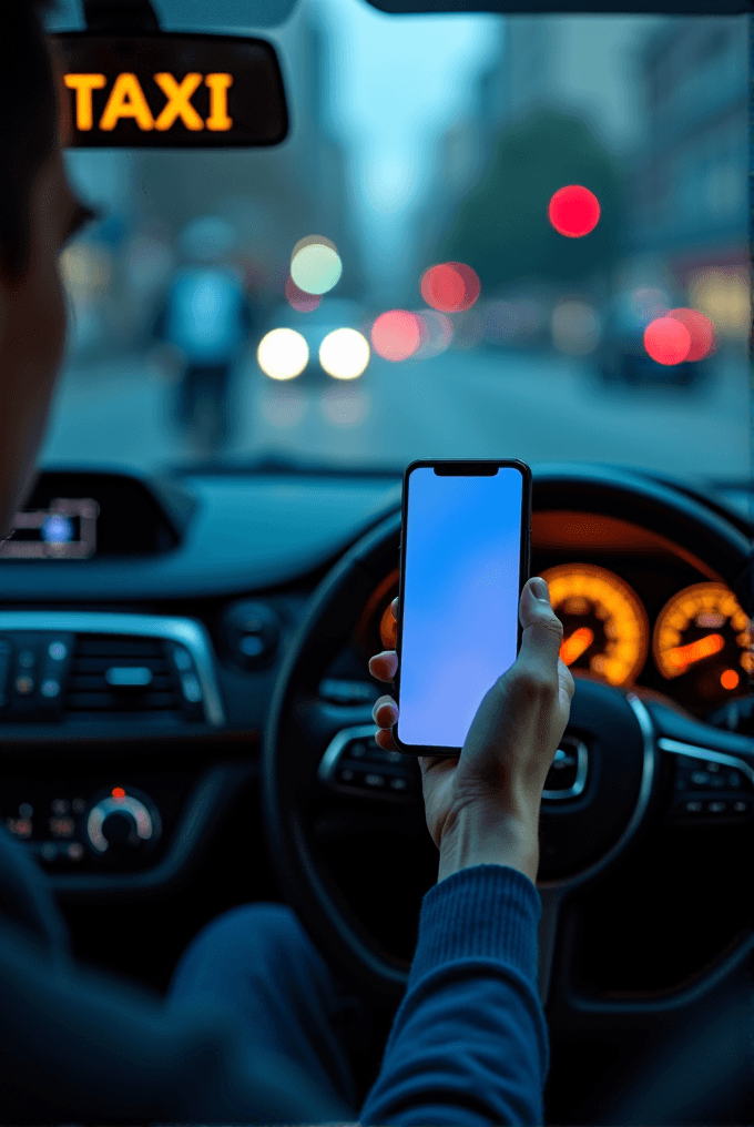 A taxi driver holds a smartphone while driving through a city with blurred lights.