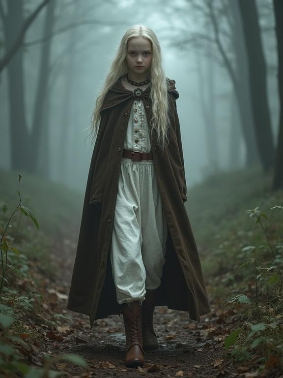A photorealistic image depicting a tween girl with long pale blonde hair and pale skin. She wears a white and brown traveling dress paired with brown boots and a heavy traveling cloak. Her bright red eyes gaze coldly at the viewer, showing vampire fangs. The backdrop features a fog-dense forest, enhancing the high fantasy aesthetic.