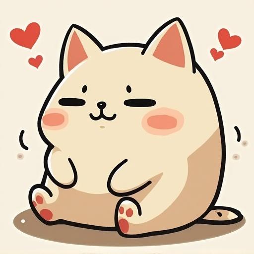 A cute cartoon cat with rounded body, sitting happily with hearts around it. Soft colors create a loving atmosphere.