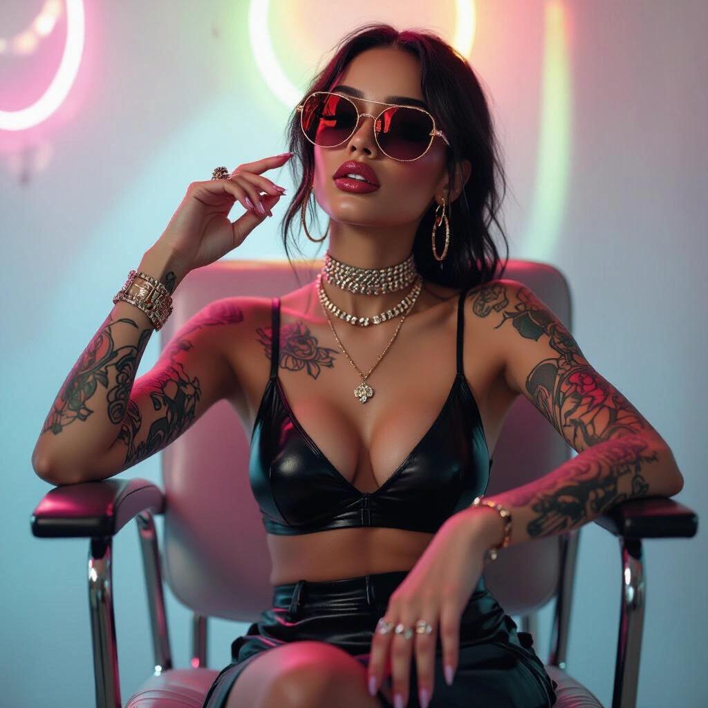 Album cover featuring a skinny petite classy ghetto cyber babe with tattoos wearing sunglasses. Soft colorful lighting gives a dreamy atmosphere. Glamorous styling enhances the overall aesthetic while seated in a chair.